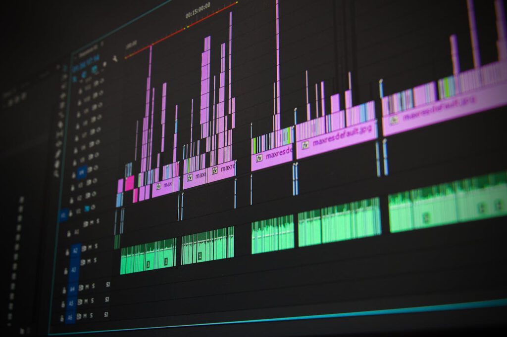 Close-up of a professional audio and video editing software interface with waveform displays.